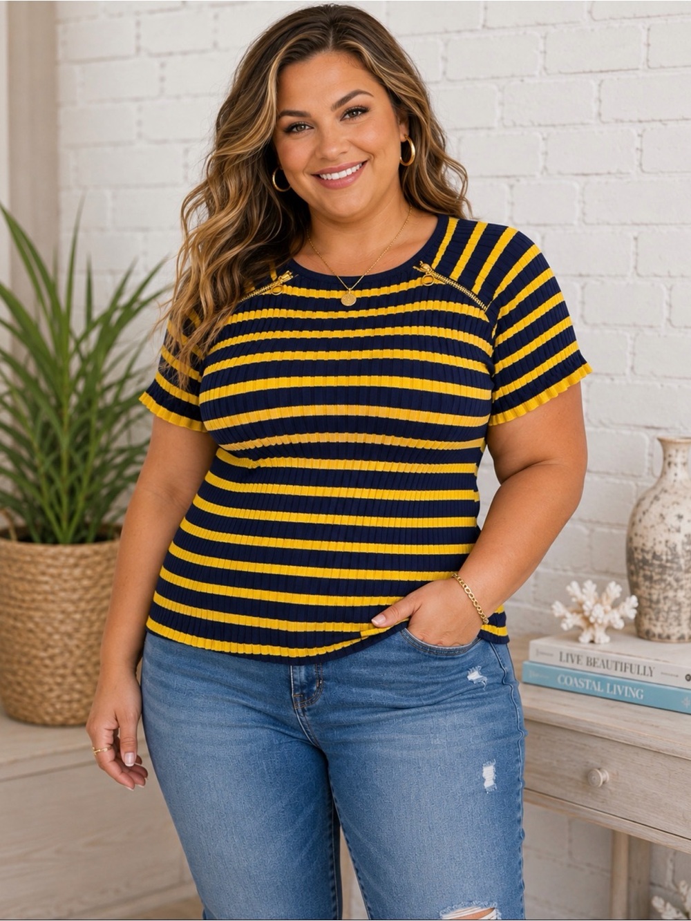 LAUREN RALPH LAUREN PULLOVER SCOOP NECK SHORT SLEEVE STRIPE TOP YELLOW BLUE 2X
